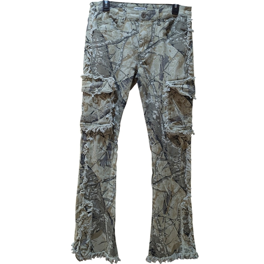 Rockstar Original Womens Tree Camo Cargo Pants Distressed Fringe Streetwear Sz M